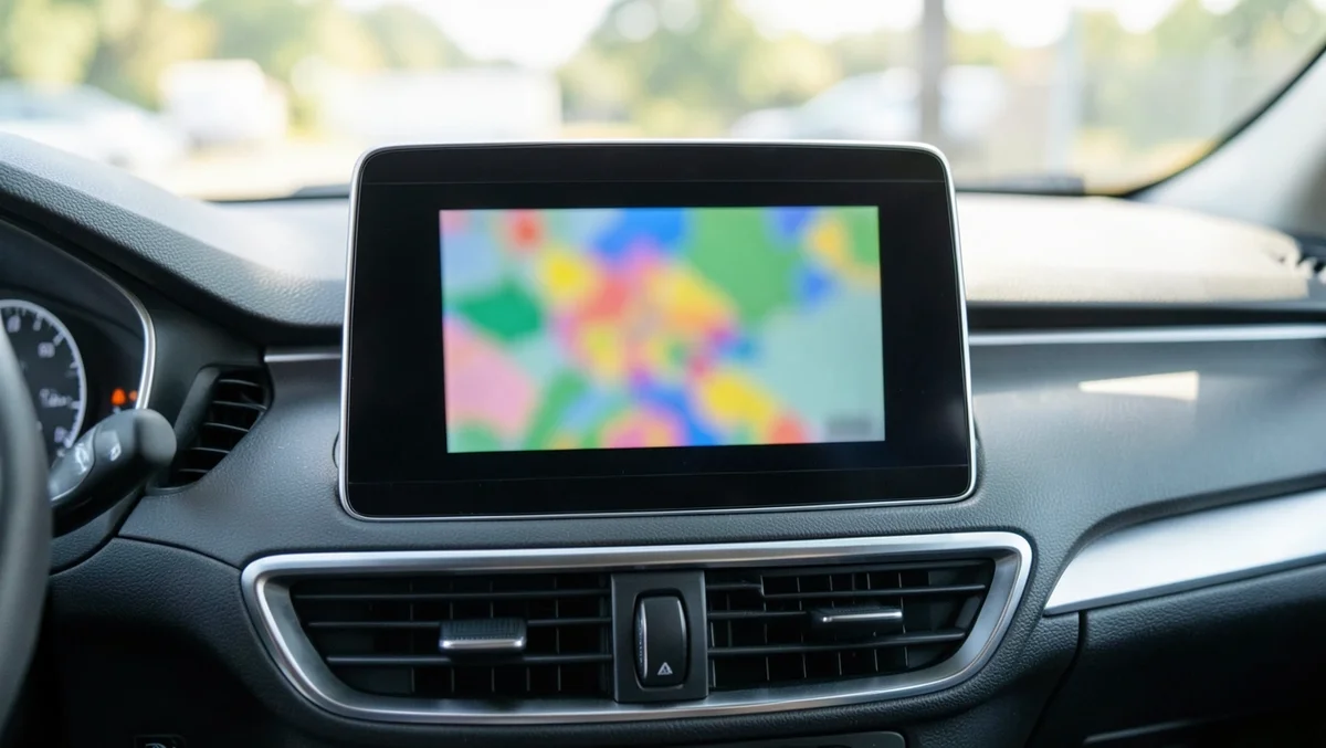 Double-DIN touchscreen car stereo mounted in a car dashboard showing a navigation map, used for Android Auto car audio