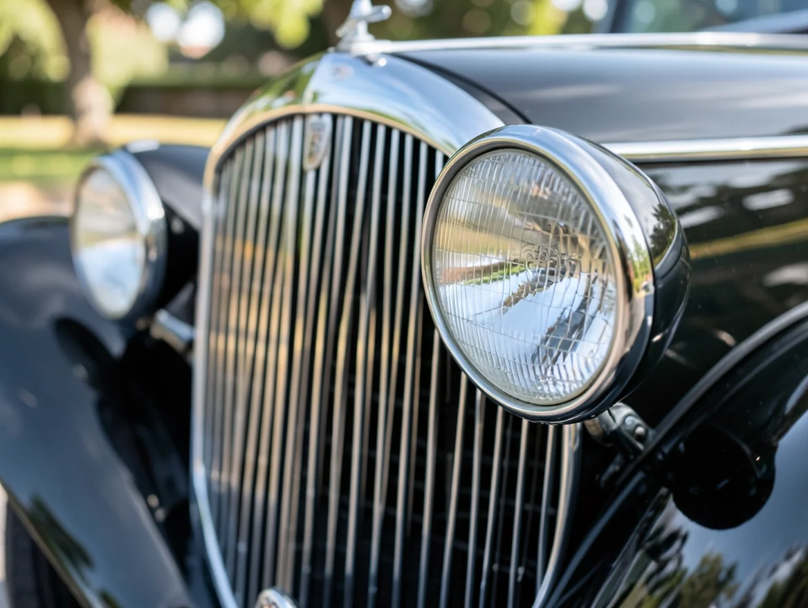 Close-up of a vintage antique car's chrome grille and headlight