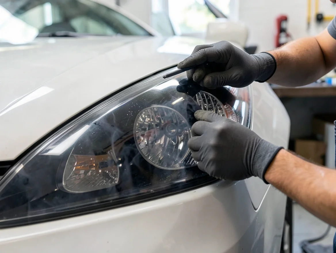 Technician wearing gloves applying dark vinyl tint film to a car headlight lens in a workshop