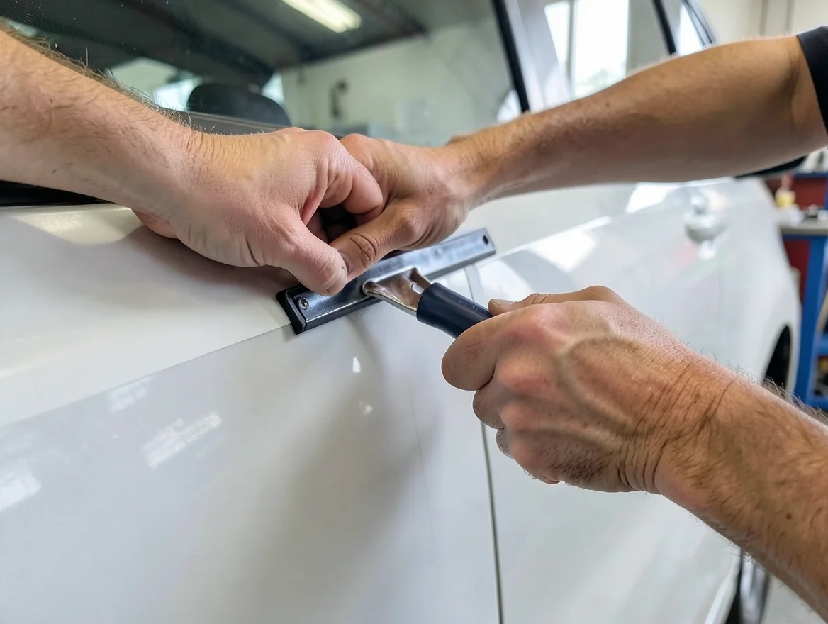 Hands using a squeegee tool to smooth a pinstripe tape strip onto a car body panel