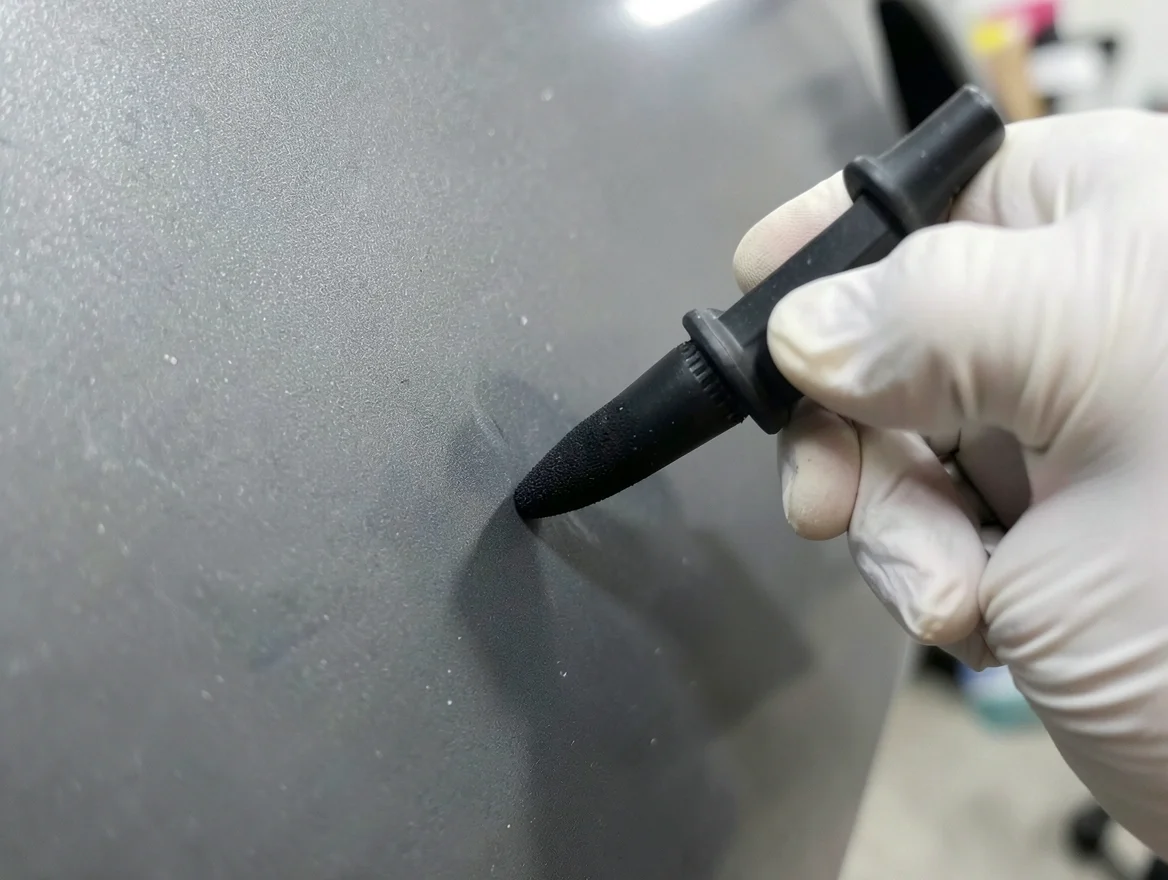 Gloved hand using an applicator to dab color-matched touch-up paint onto a small scratch on a car door panel