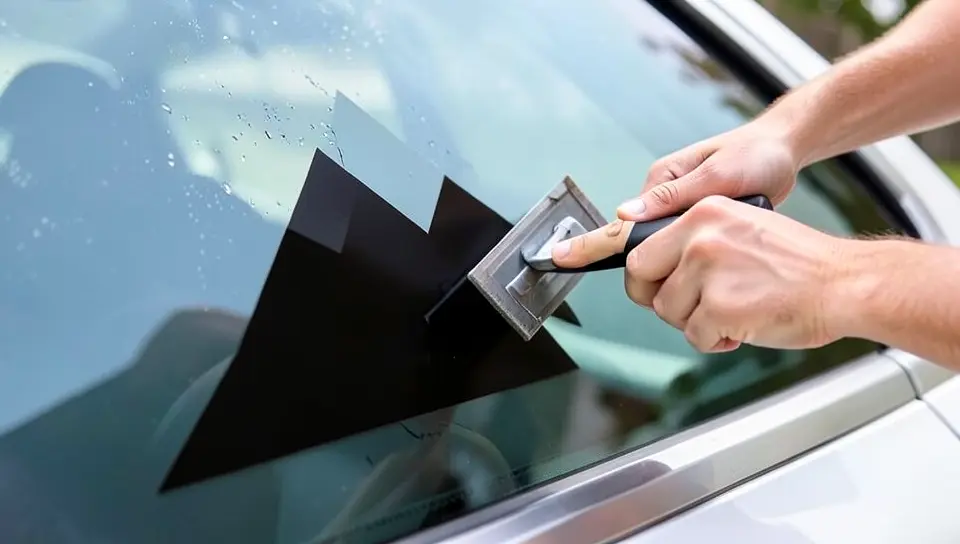 Hands using a squeegee tool to apply a vinyl decal to a car window without air bubbles