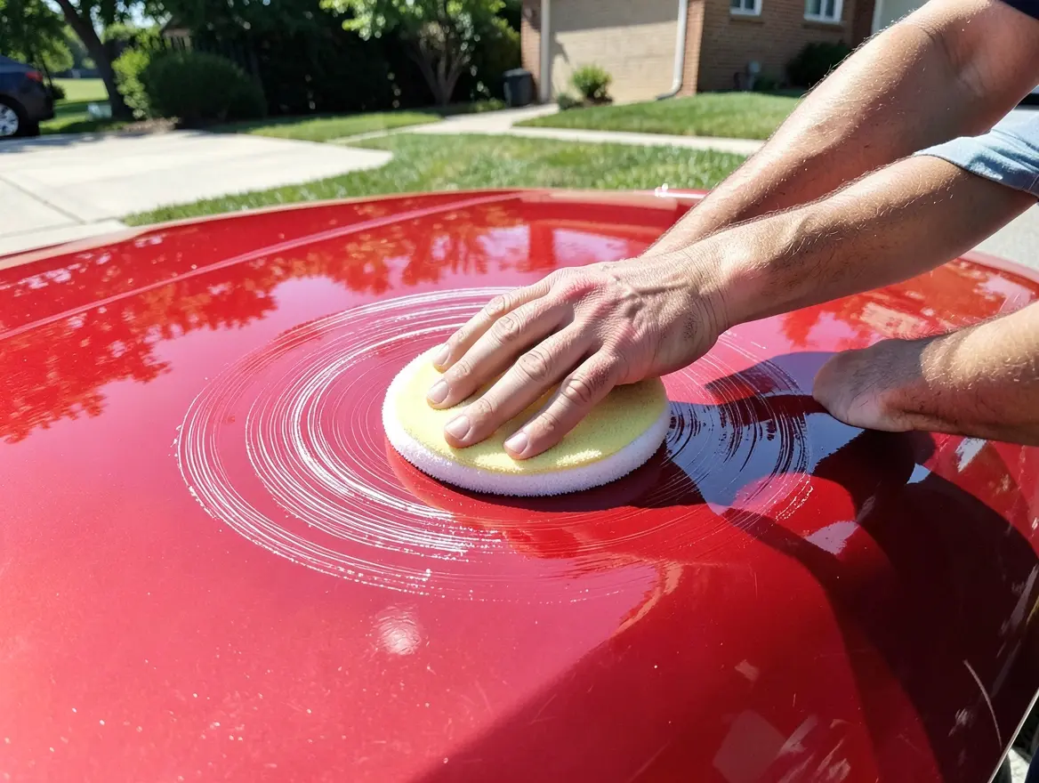 Hands applying wax with a foam pad to a car hood to help paint shed rain and resist water spots
