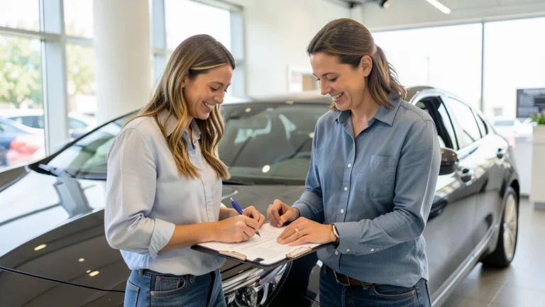 Couple signing car insurance paperwork next to a new car at a dealership