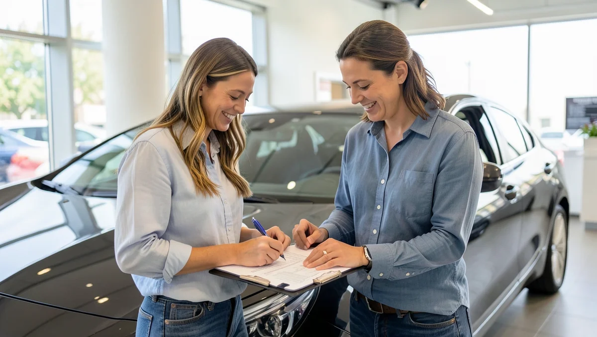Couple signing car insurance paperwork next to a new car at a dealership