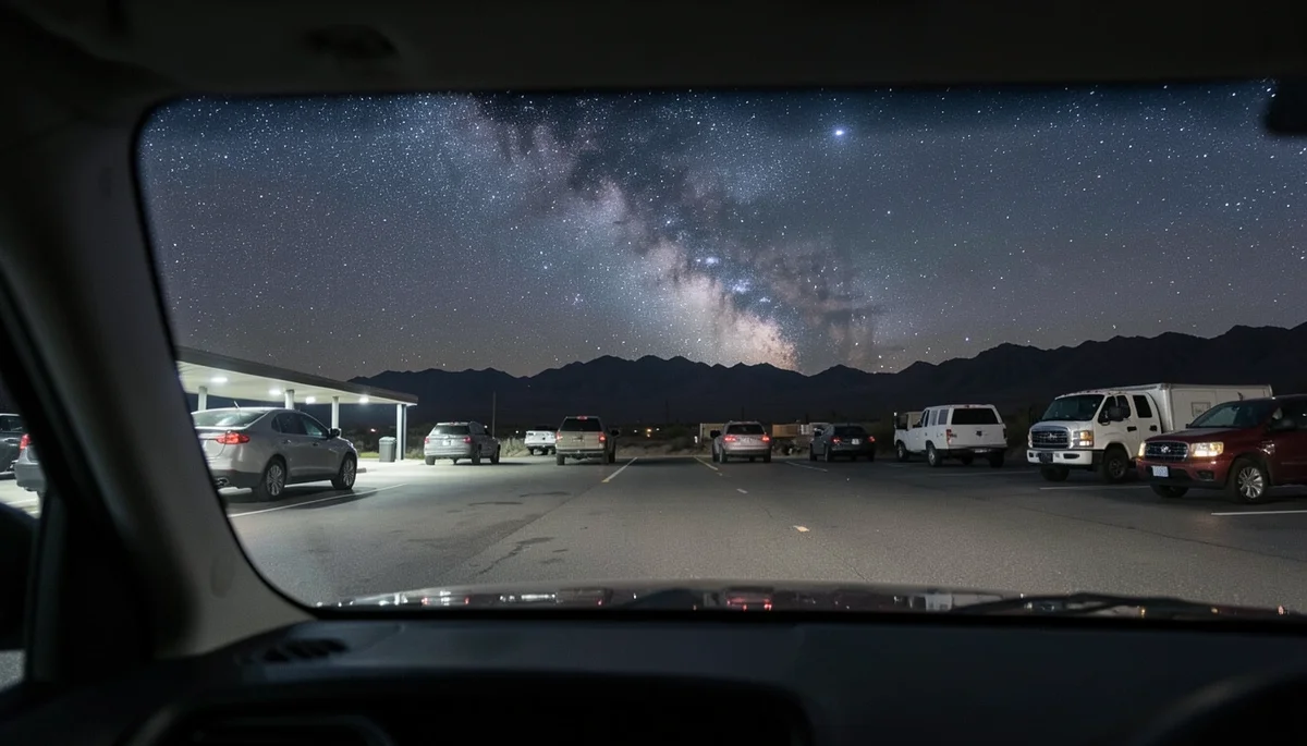 View through a car windshield of vehicles parked overnight at an Arizona highway rest area under a starry night sky