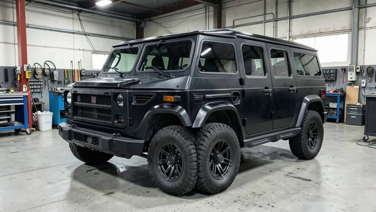 Black armored security SUV with reinforced windows parked inside a vehicle upfitting workshop