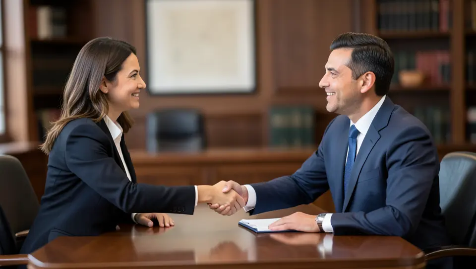 Client shaking hands with a bankruptcy attorney in an office