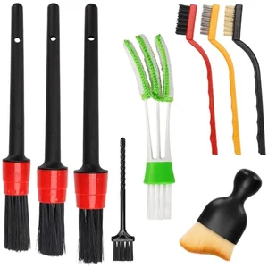 9-piece auto car detailing brush set with boar hair brushes, wire brushes, air vent brushes and a wash pad