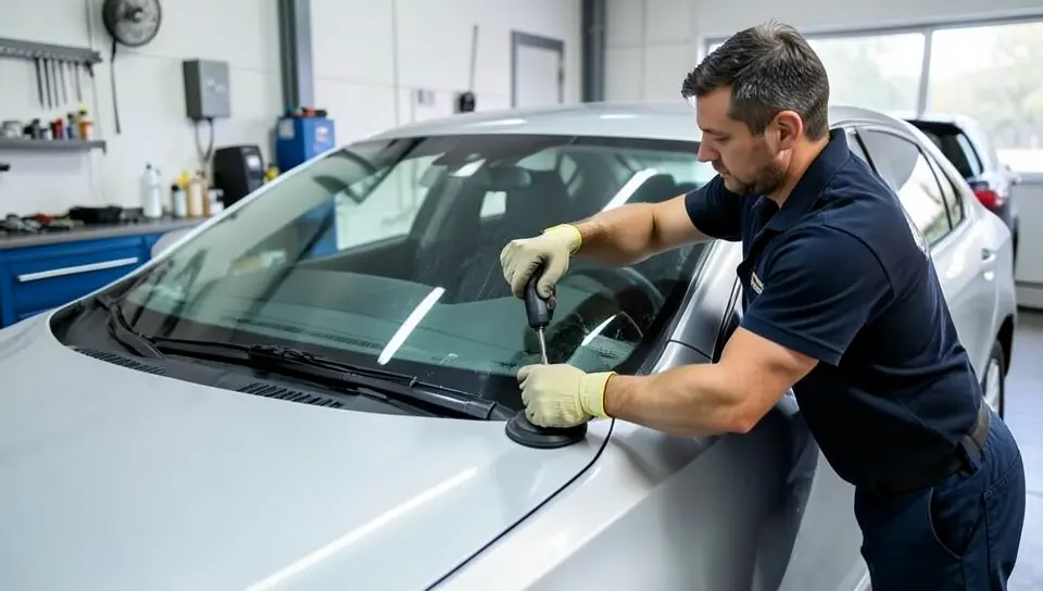 Auto glass technician installing a new windshield using a suction lift tool