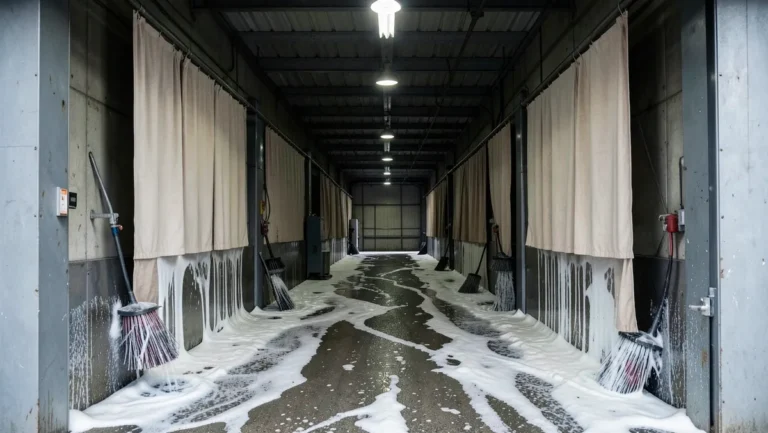 Empty automated car wash tunnel corridor with cloth strip curtains and soap foam on the floor