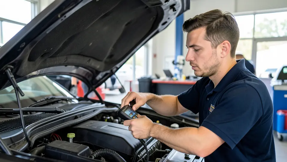 Automotive technician using a diagnostic scanner under the hood of a car at a dealership
