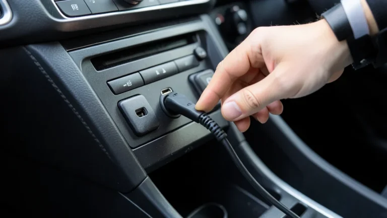 Hand plugging an auxiliary cable into a car dashboard aux input jack