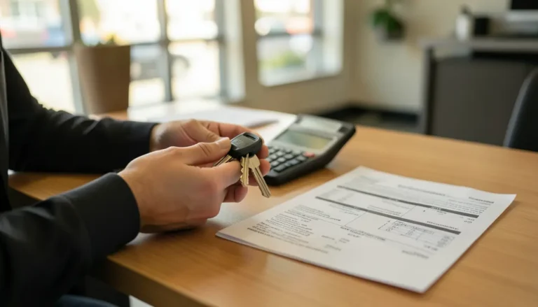 Car keys and a calculator on a desk representing average car loan APR