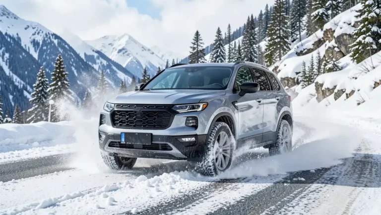 An AWD crossover SUV driving through snow on a mountain road