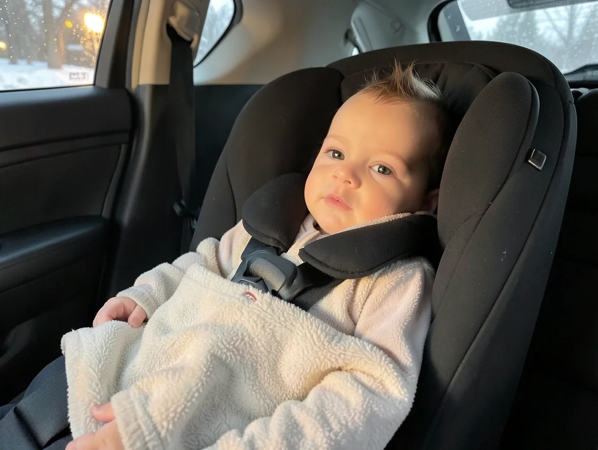 Baby snugly buckled into a rear-facing infant car seat wearing a thin fleece layer with a blanket draped on top of the harness