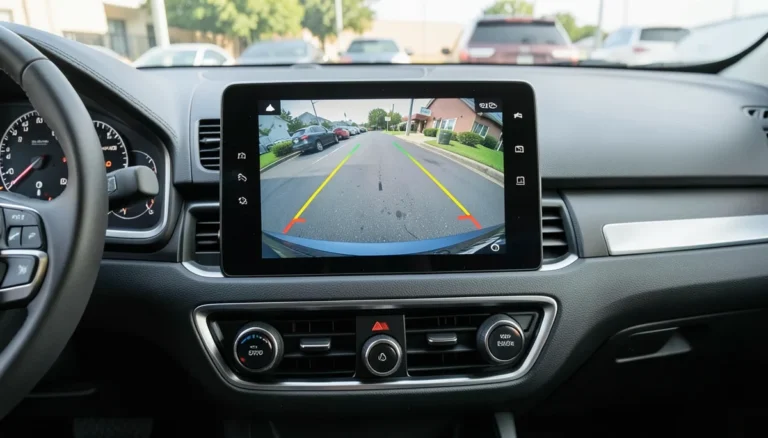 Rear-view backup camera image with yellow and green parking guide lines shown on a car stereo touchscreen display