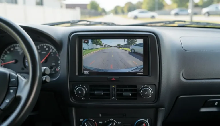 Aftermarket backup camera monitor installed in the dashboard of an older car showing the rear parking view