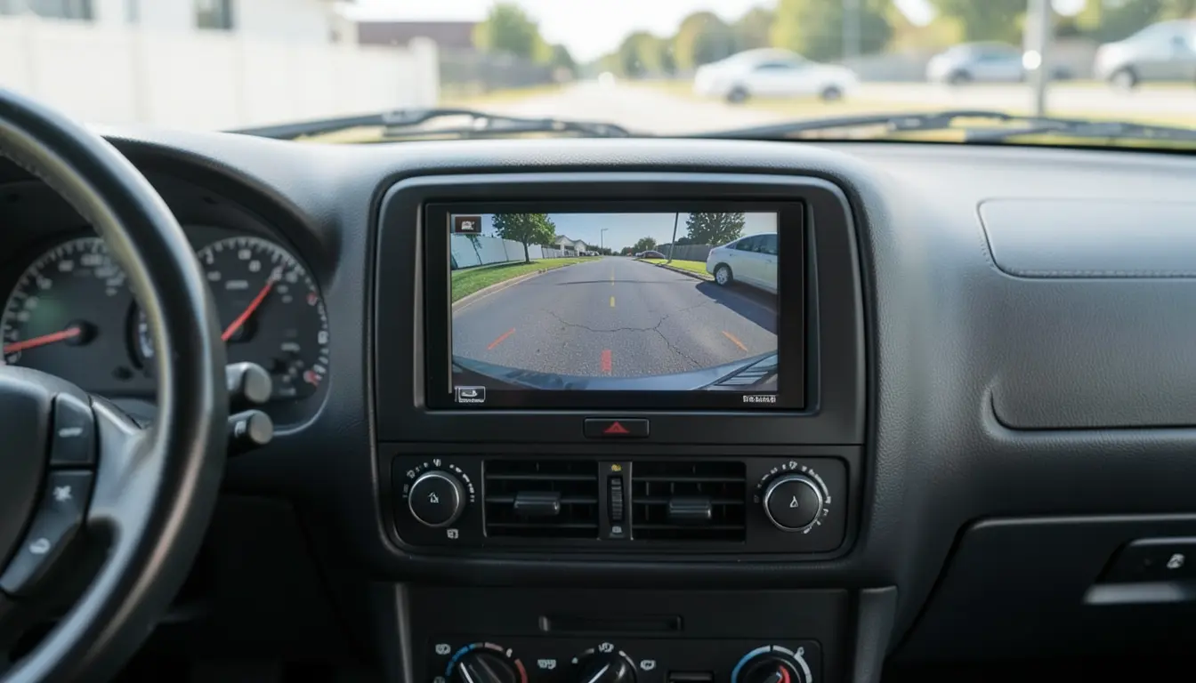 Aftermarket backup camera monitor installed in the dashboard of an older car showing the rear parking view
