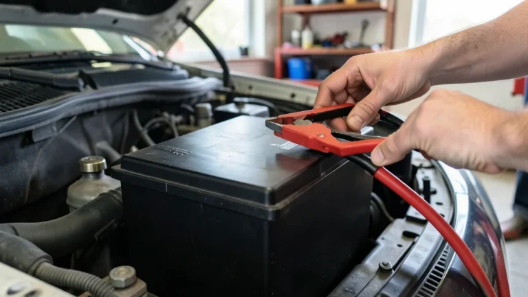 Mechanic attaching jumper cable clamps to a car battery to test a weak battery