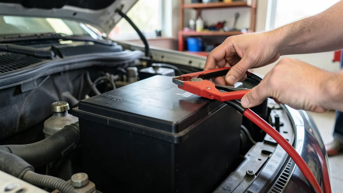 Mechanic attaching jumper cable clamps to a car battery to test a weak battery