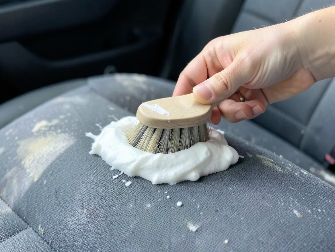 Scrubbing a baking soda paste into a stained fabric car seat with a soft brush