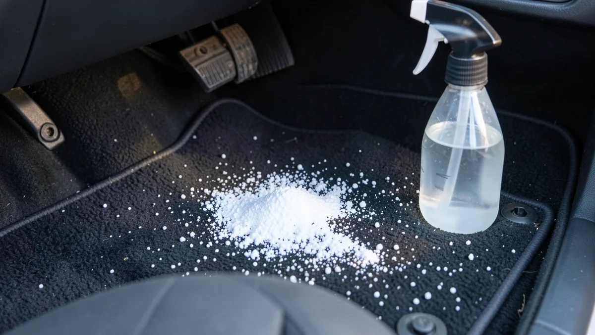 Baking soda sprinkled on car carpet next to a spray bottle for odor and stain treatment