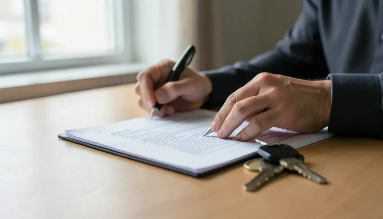 Person reviewing bankruptcy paperwork next to car keys at a desk