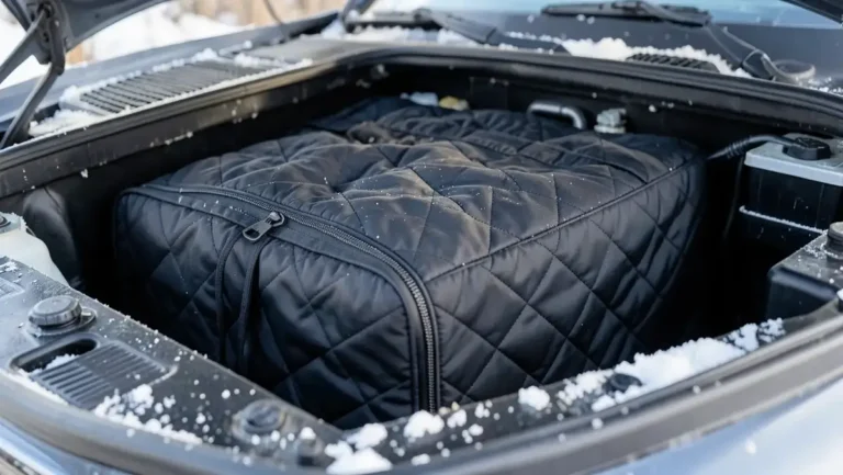 Car battery covered by a purpose-built zippered insulation jacket in cold snowy weather