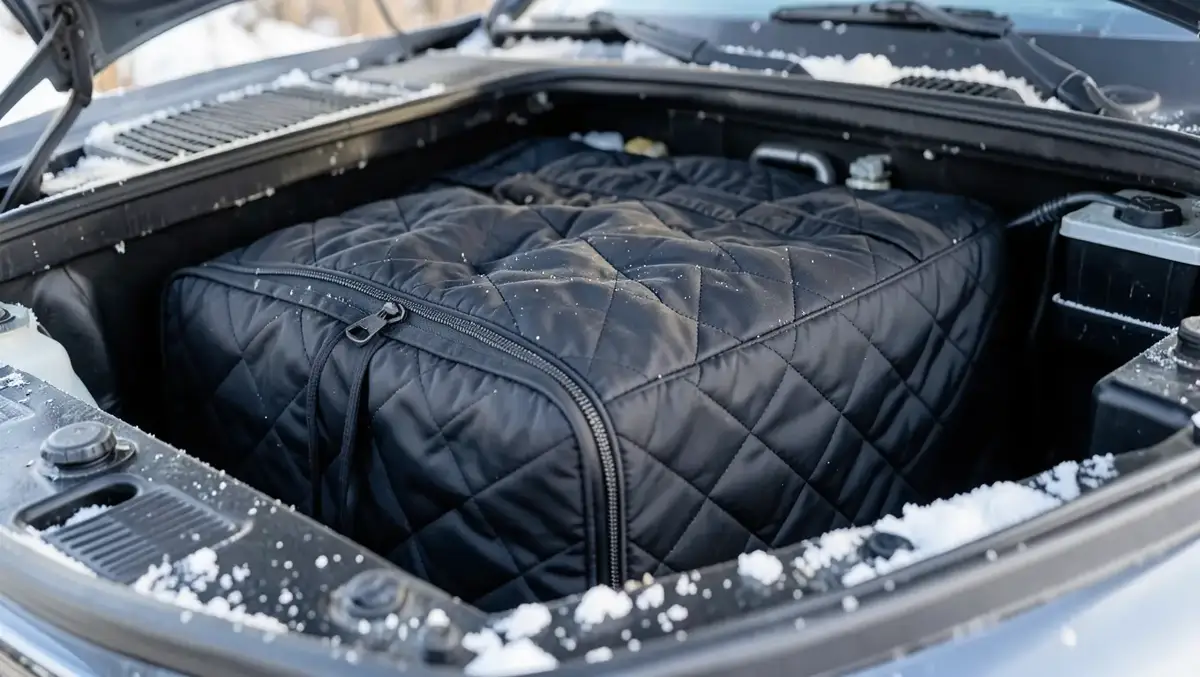 Car battery covered by a purpose-built zippered insulation jacket in cold snowy weather