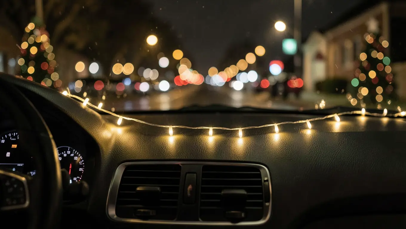 Battery operated warm white LED string lights glowing along a car dashboard at night