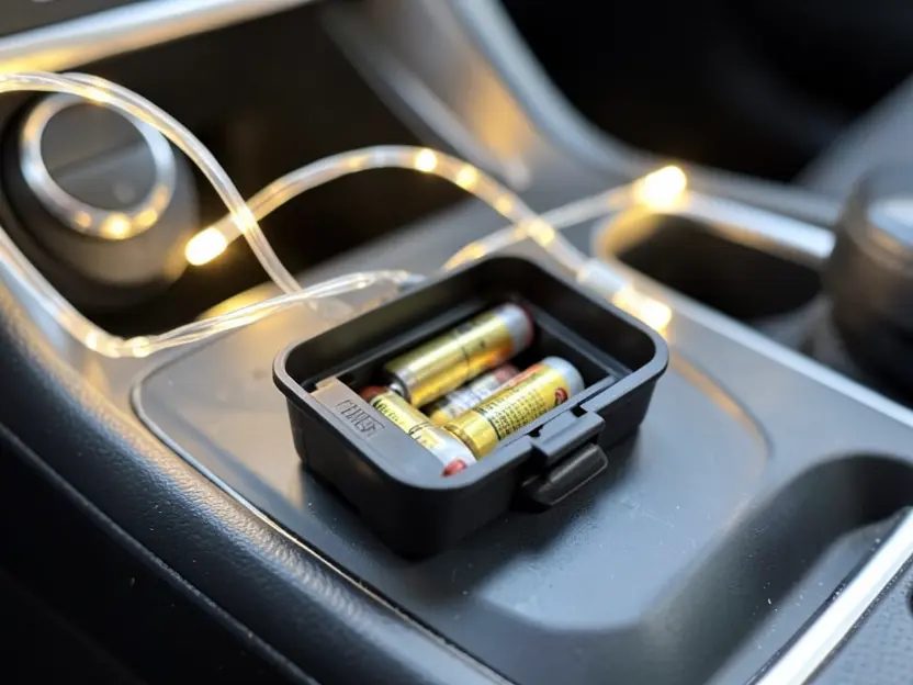 AA battery pack for battery operated LED string lights sitting in a car cup holder, no wires attached