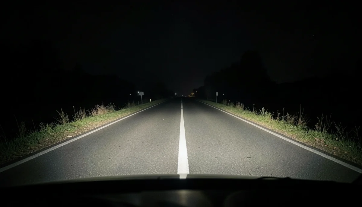 Car headlight beam illuminating an empty rural road at night with a sharp cutoff line