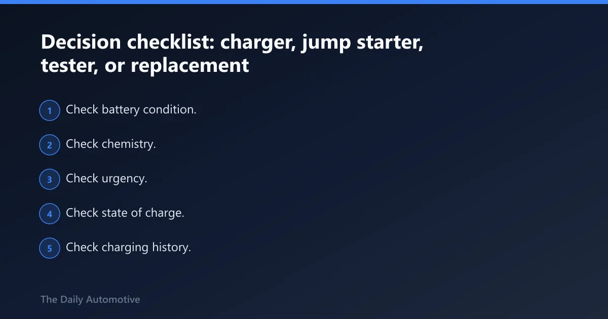 Steps: Decision checklist: charger, jump starter, tester, or replacement