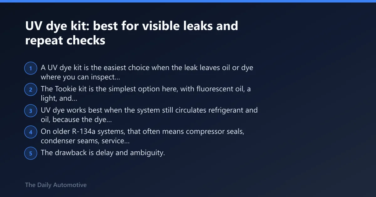 Steps: UV dye kit: best for visible leaks and repeat checks