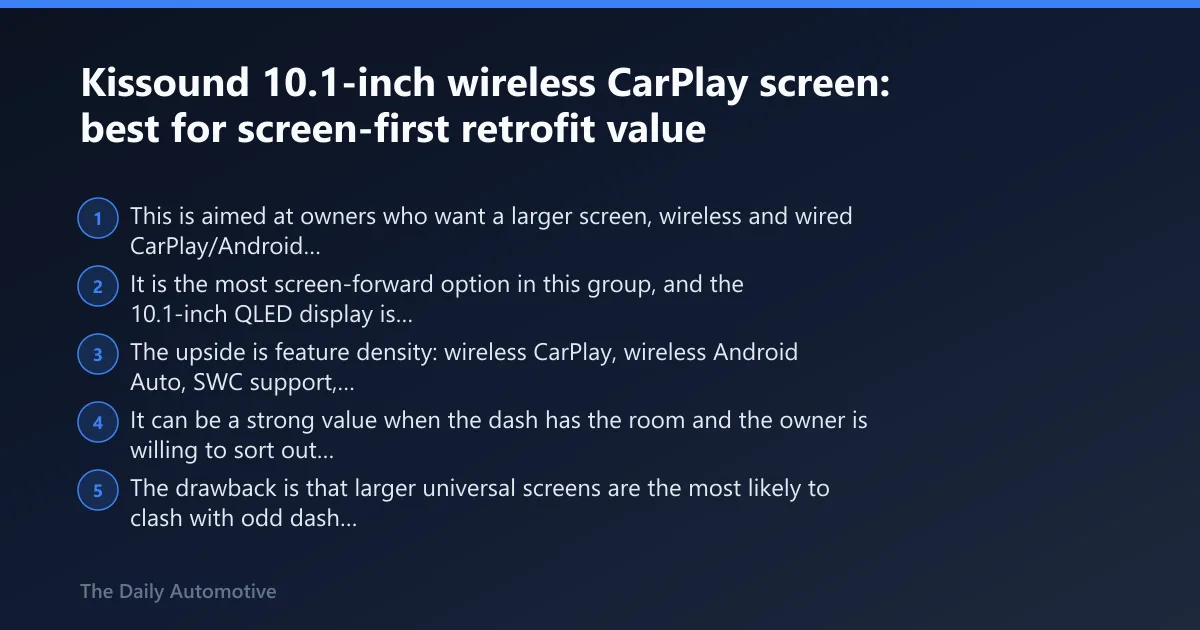 Steps: Kissound 10.1-inch wireless CarPlay screen: best for screen-first retrofit value