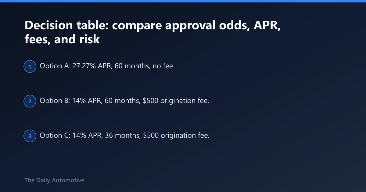 Steps: Decision table: compare approval odds, APR, fees, and risk