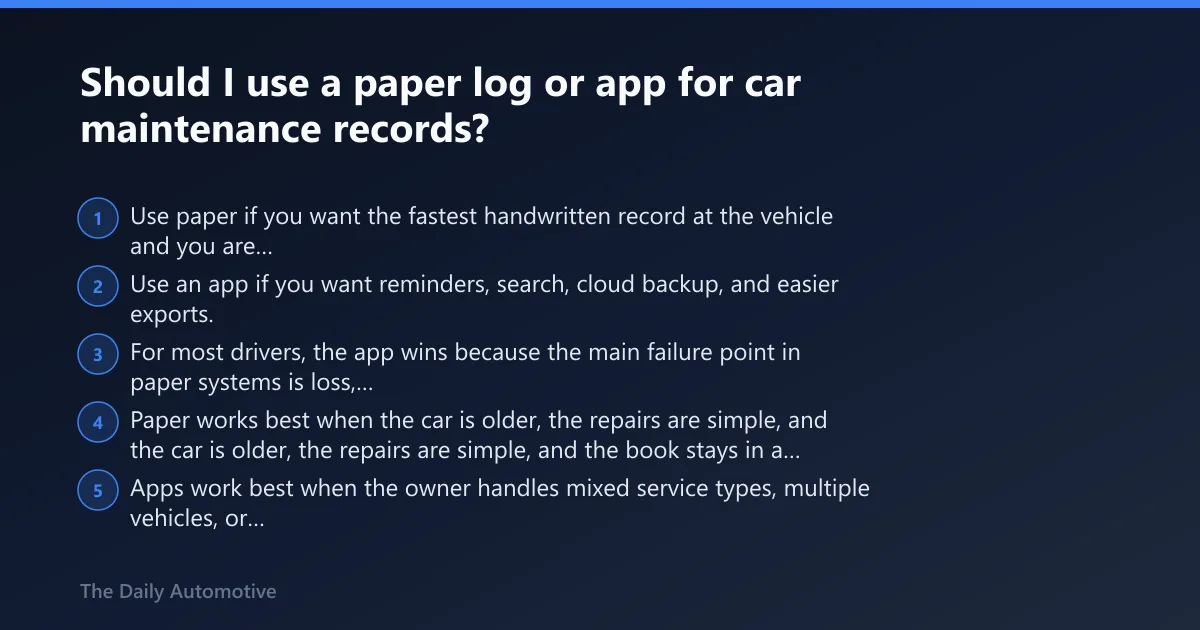 Steps: Should I use a paper log or app for car maintenance records?