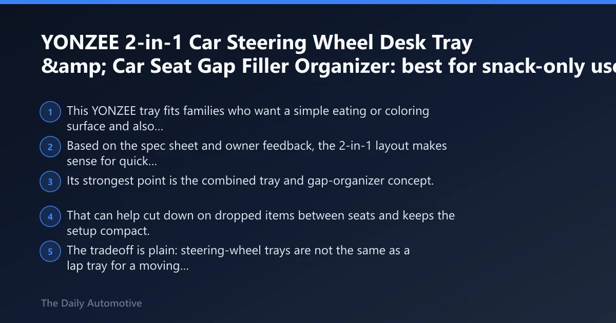 Steps: YONZEE 2-in-1 Car Steering Wheel Desk Tray & Car Seat Gap Filler Organizer: best for snack-only use in parked breaks