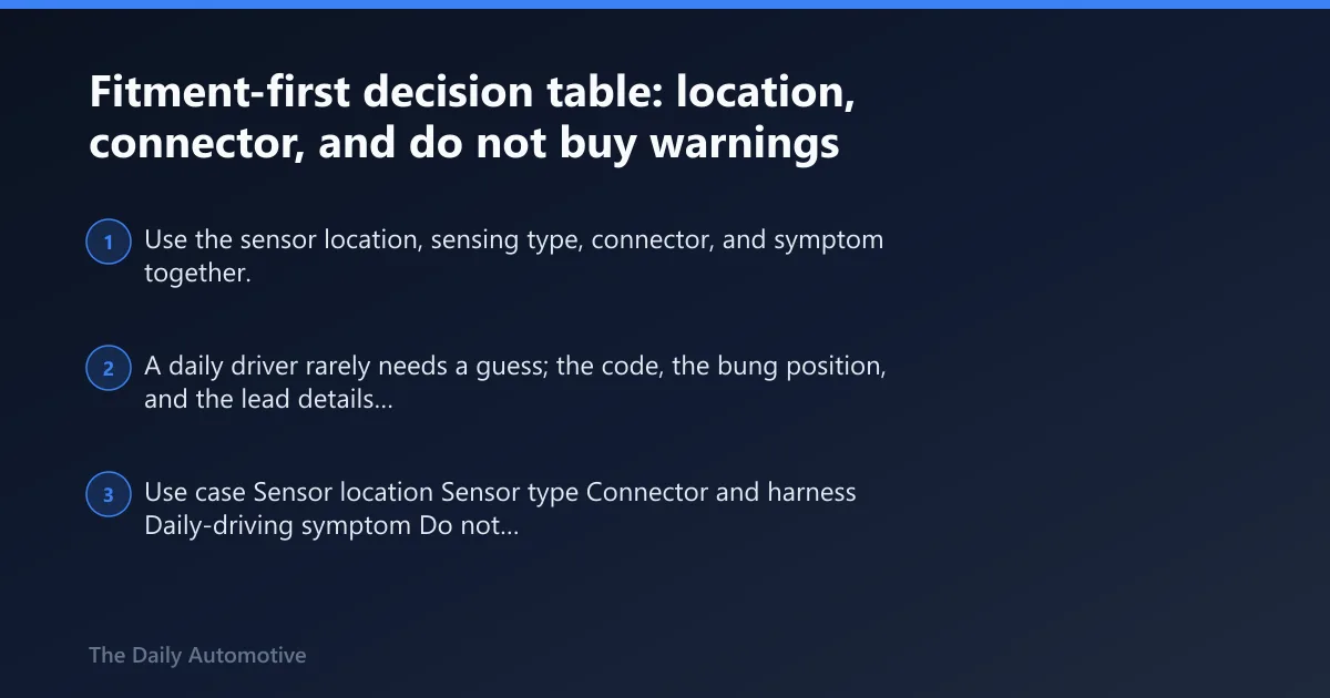 Steps: Fitment-first decision table: location, connector, and do not buy warnings