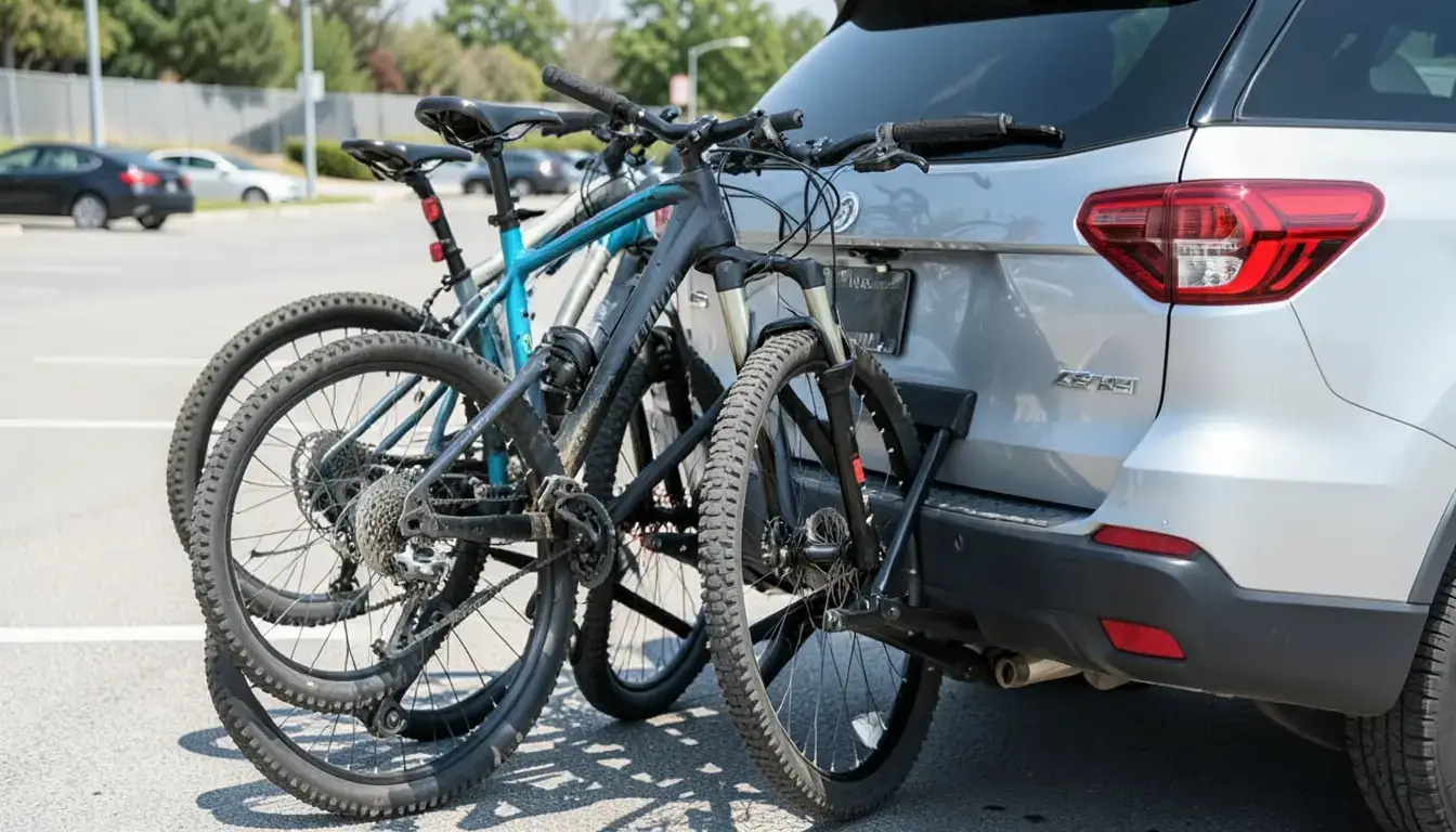 Two mountain bikes loaded on a hitch-mounted bike rack attached to an SUV