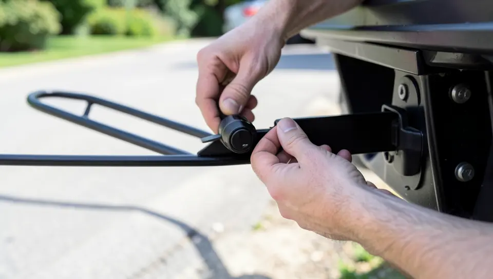 Close-up of hands securing the hitch pin lock on an empty bike rack mounted in a trailer hitch receiver