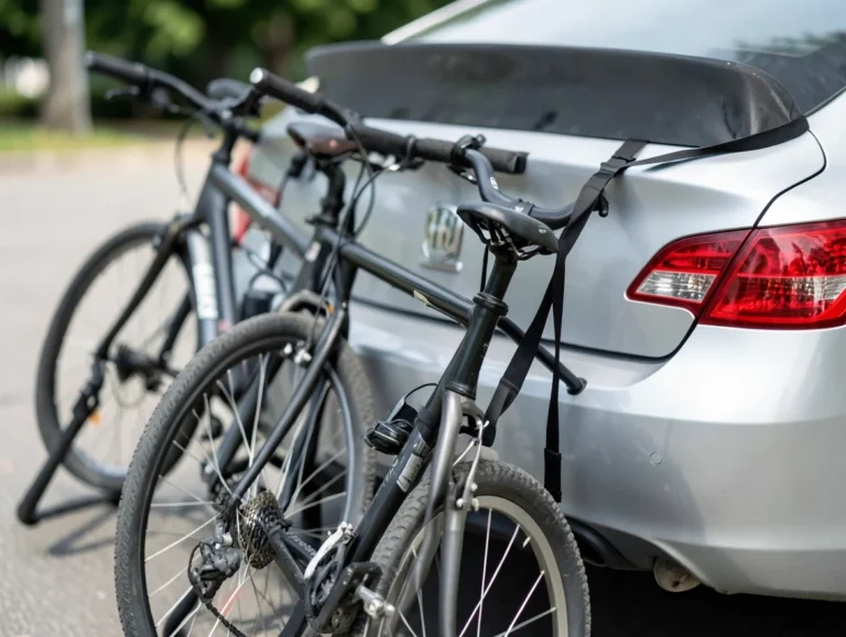 Black strap-on trunk-mount bike rack carrying two bicycles on the back of a sedan car