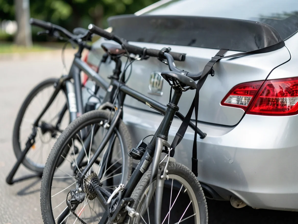 Black strap-on trunk-mount bike rack carrying two bicycles on the back of a sedan car
