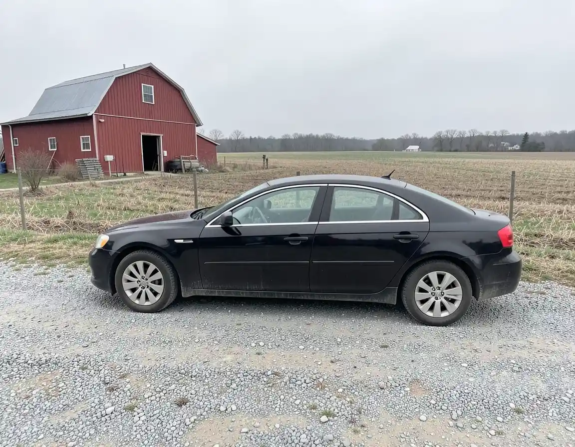 A black sedan parked on a gravel farm road near a red barn in the countryside
