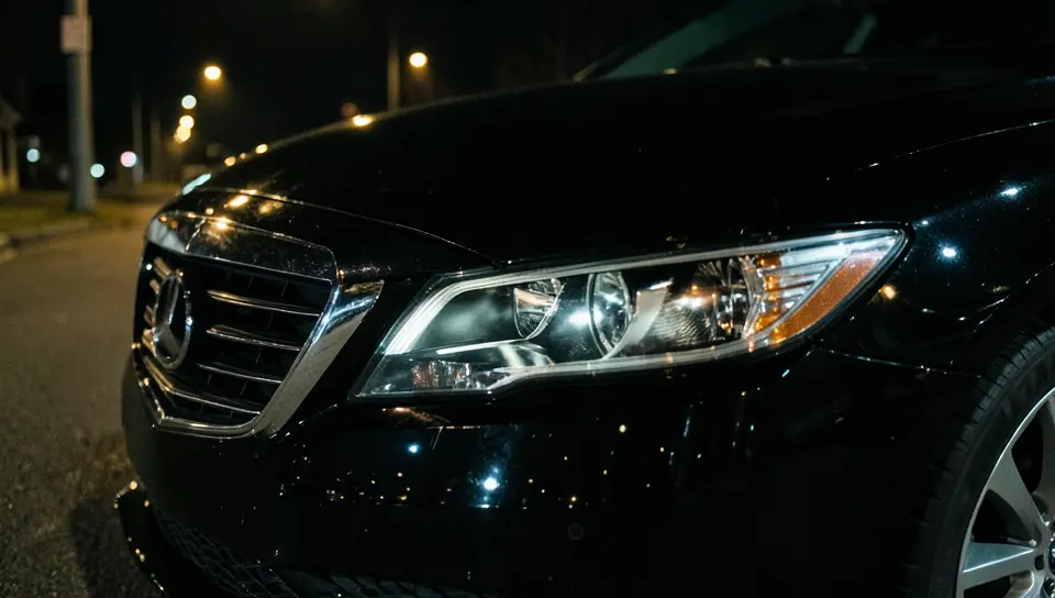Close-up of a black cars glossy headlight and grille reflecting streetlights at night