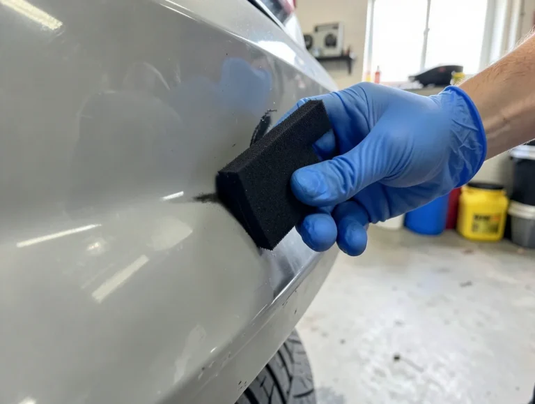 Detailer applying black plastic trim restorer with a foam applicator to a faded car bumper