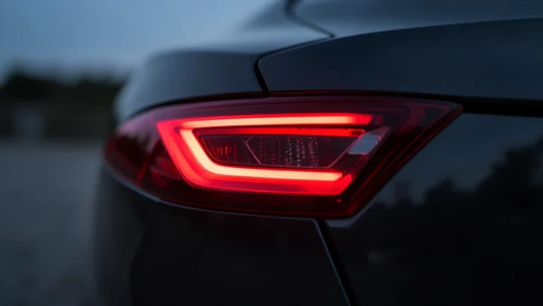 Close-up of a dark sedan's rear taillight glowing red at dusk, illustrating a subtle smoked tint look
