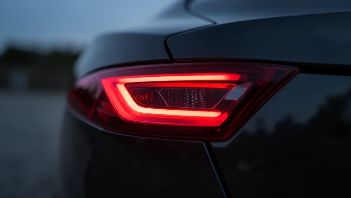 Close-up of a dark sedan's rear taillight glowing red at dusk, illustrating a subtle smoked tint look