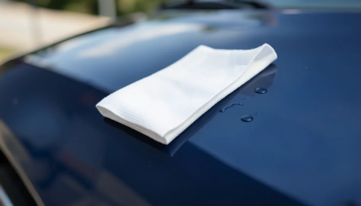 A folded microfiber cloth blotting a small liquid spill on a glossy blue car door panel instead of rubbing it in